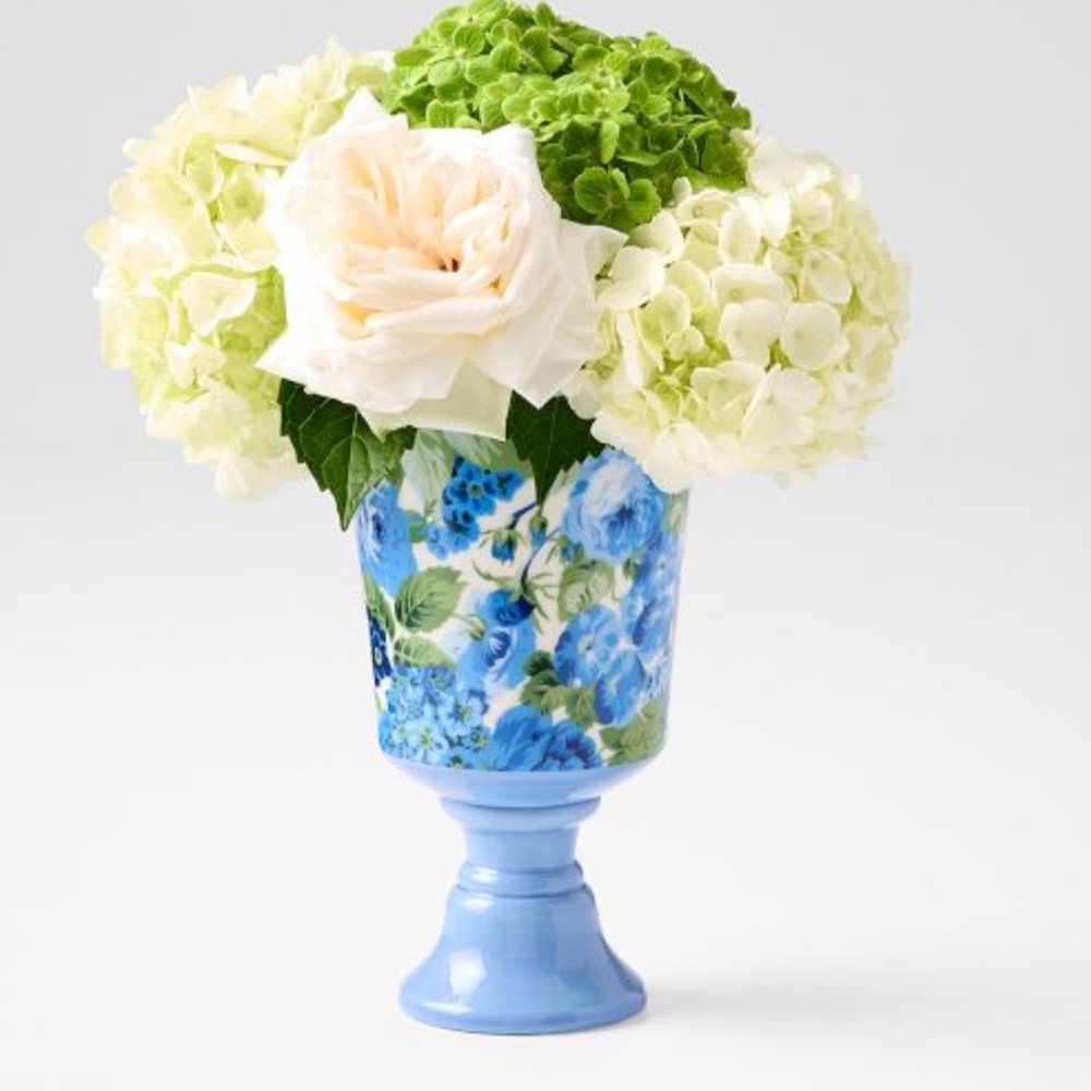 Mark & Graham SANDERSON CERAMIC PEDESTAL VASE 9” Blue Floral